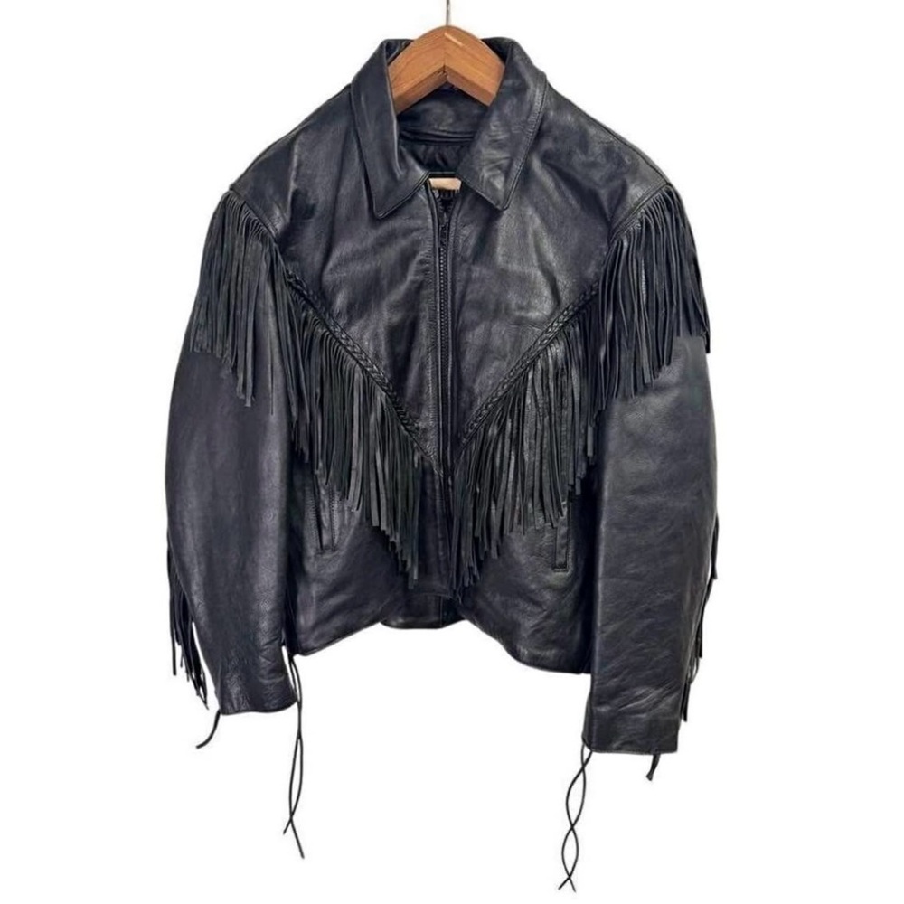 Black Leather Jacket with Fringe